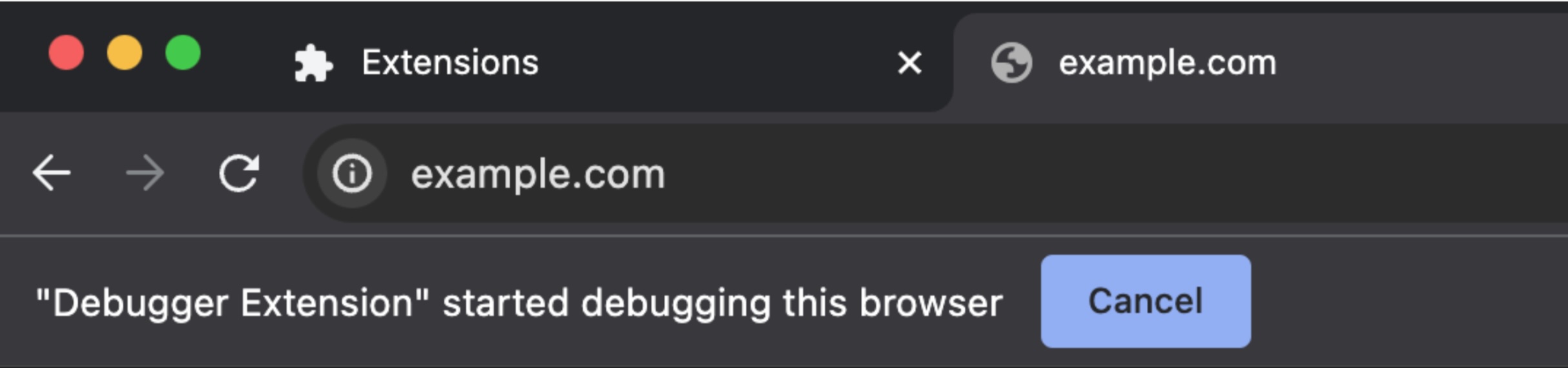 Chrome 地址栏显示“Debugger Extension started debugging this browser”(调试器扩展程序已启动此浏览器)消息的屏幕截图