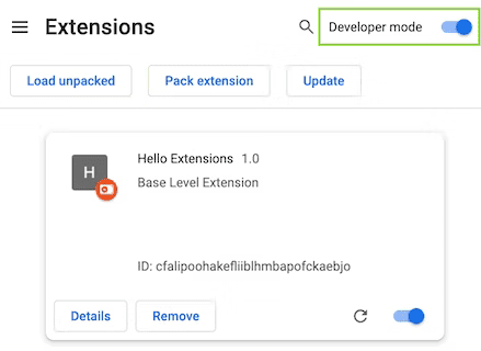 Wyróżnione przełączniki trybu programisty na stronie rozszerzeń w Chrome