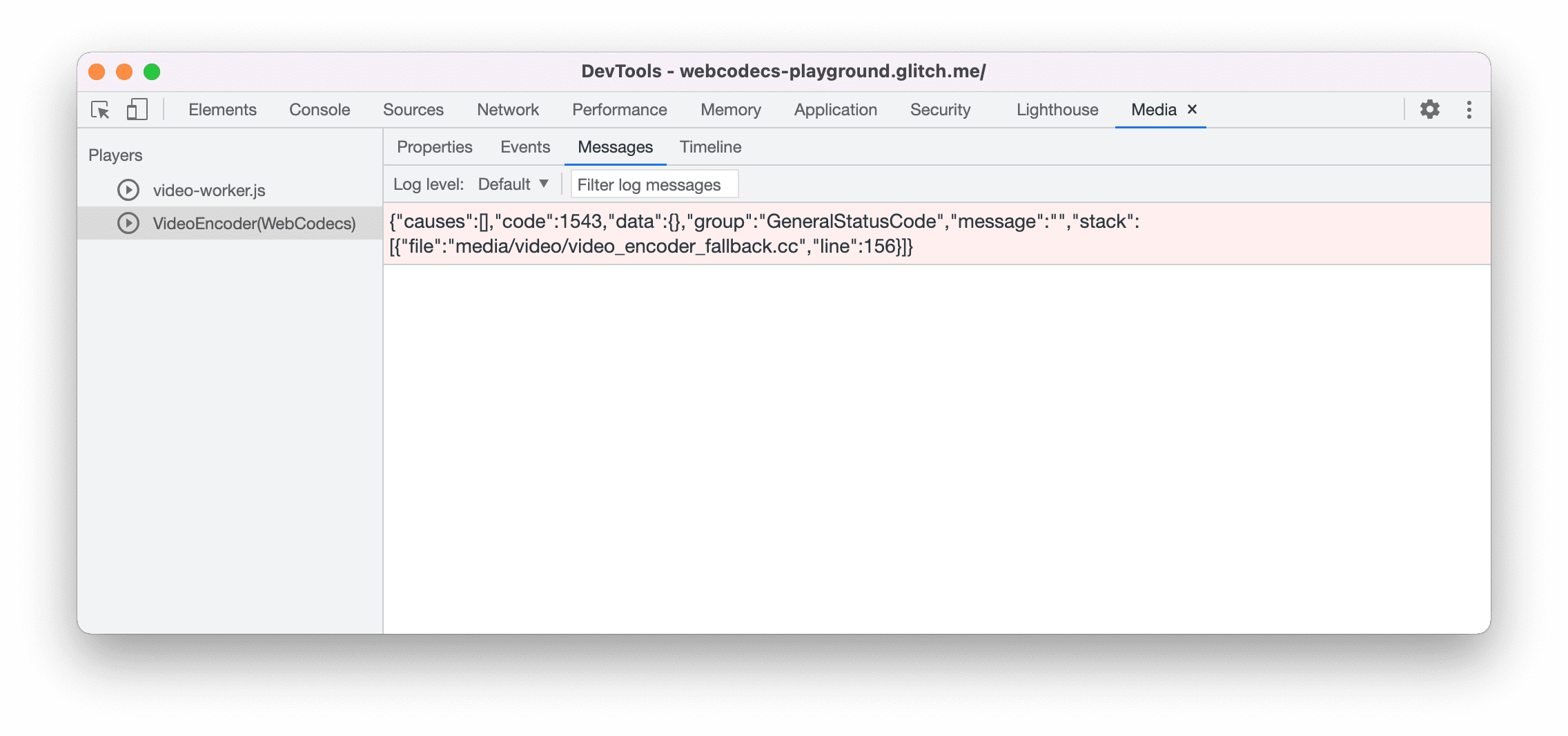 用于调试 WebCodec 的媒体面板的屏幕截图