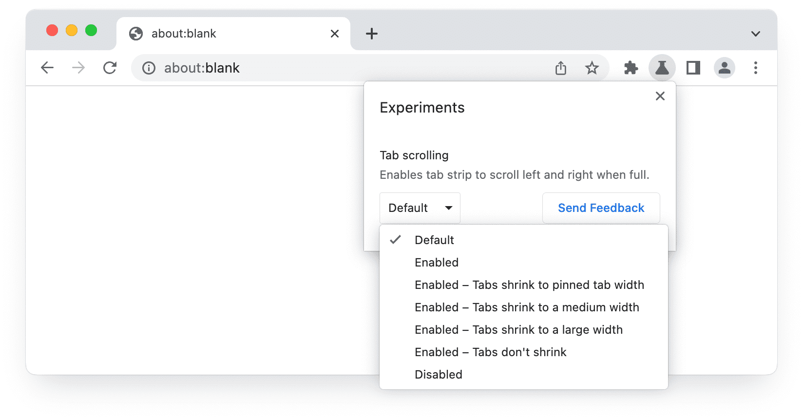 Пользовательский интерфейс экспериментов в Chrome Beta, демонстрирующий возможности прокрутки вкладок.