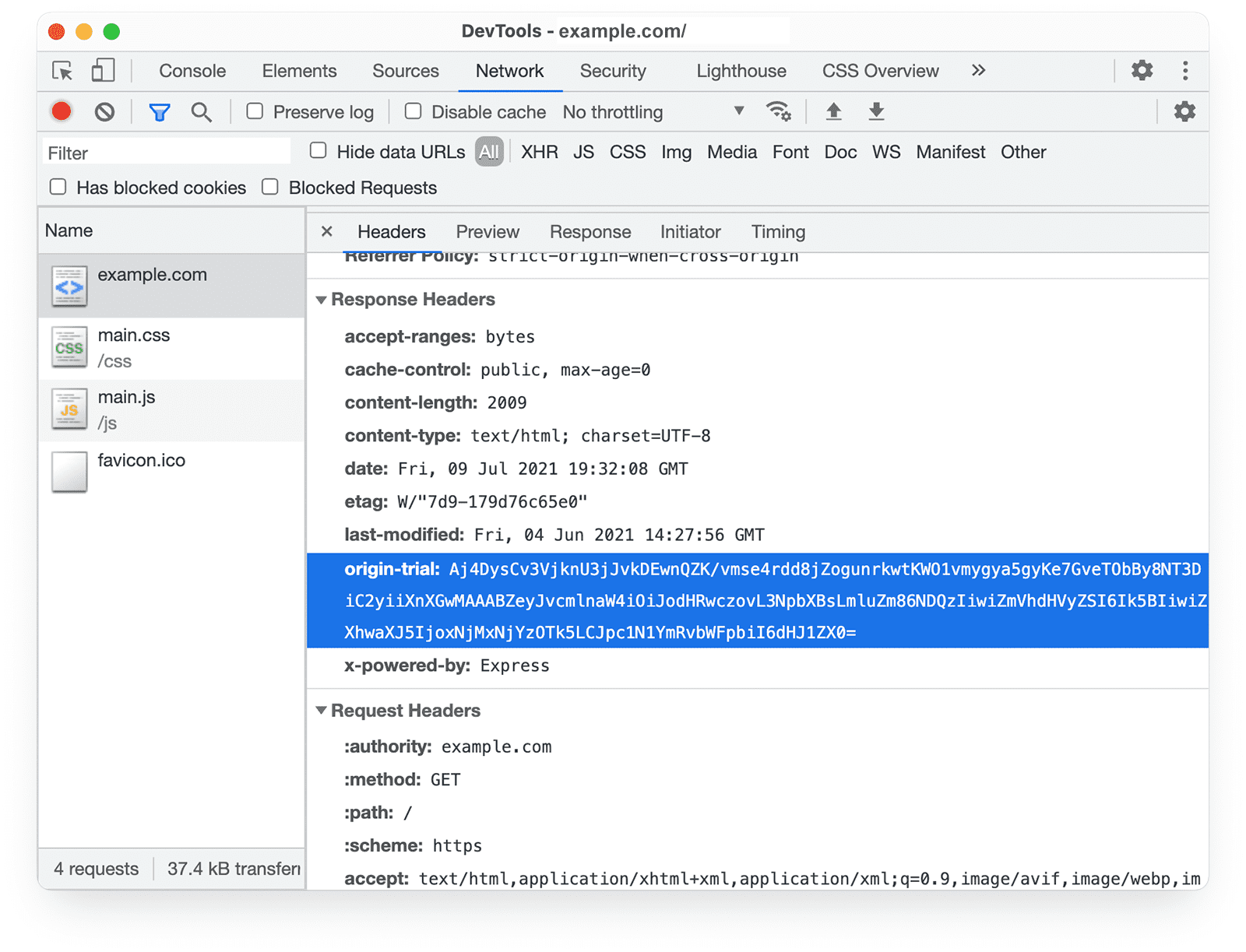 Chrome 开发者工具的“网络”面板，其中显示了源试用响应标头。