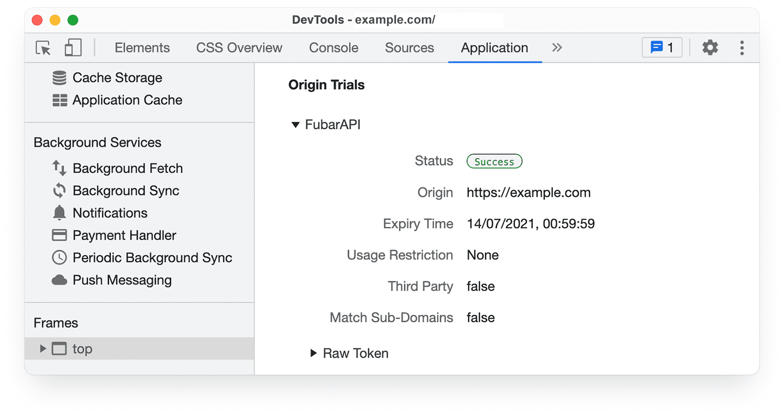 Chrome 开发者工具“Application”面板中的来源试用信息。