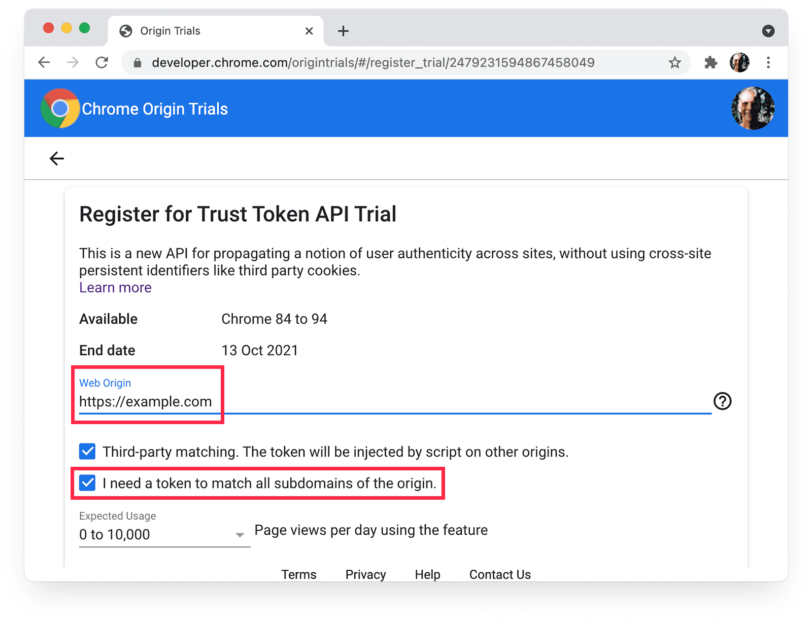 Chrome 源试用报名页面，显示已选择子网域匹配